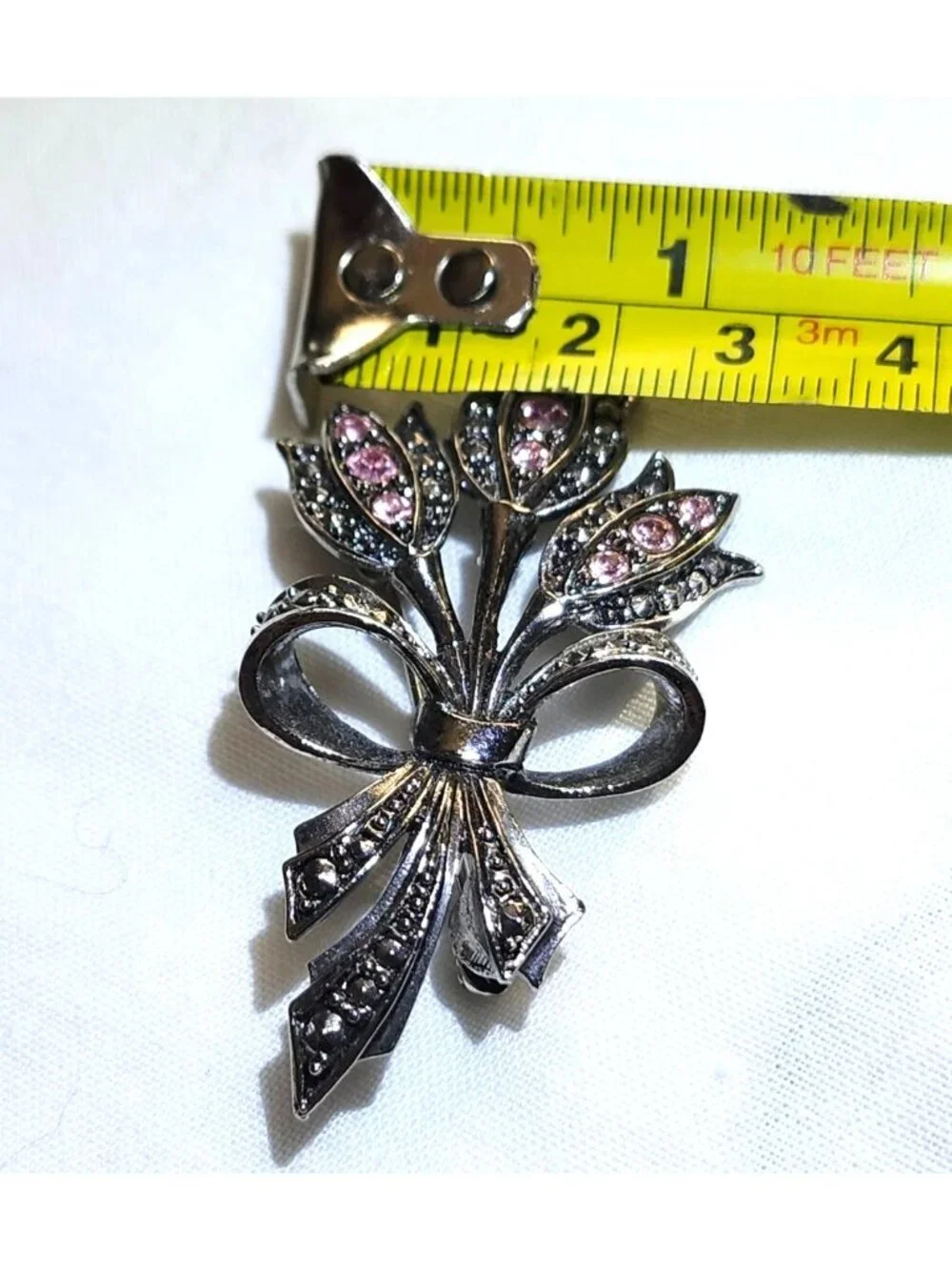 Vintage Silver Tone Floral Brooch Pink Rhinestones Bow Accent Elegant Design